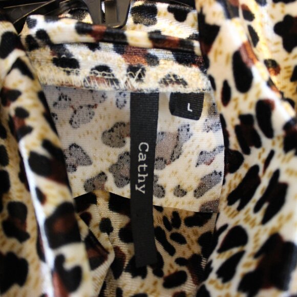 Cathy Leopard Print Long Sleeve Cowl Neck Tee Size L - Picture 2 of 2